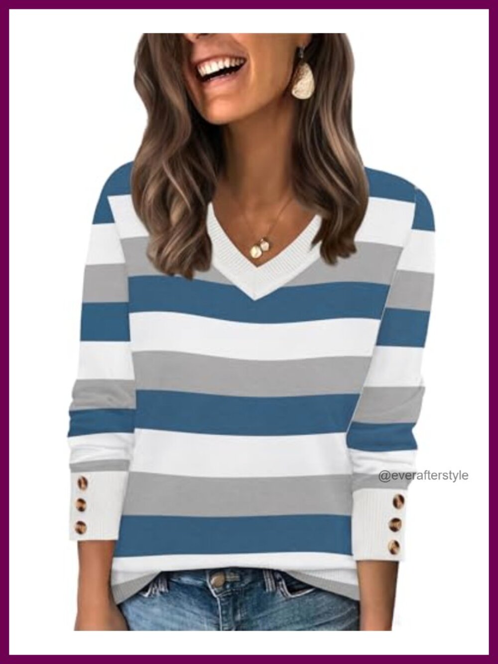 Wide V-Neck Knit Sweater Pullover Long Sleeve Decorative Button Cuffs